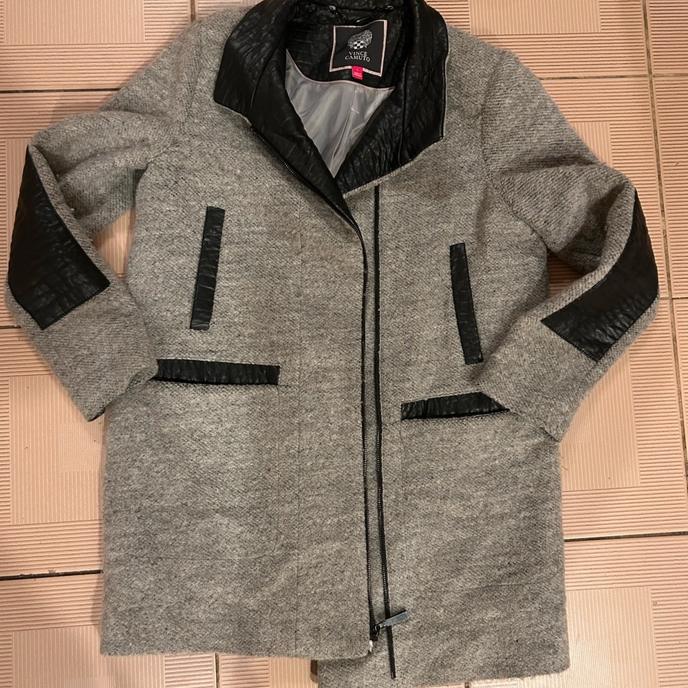 Vince Camuto wool Gray and Black faux leather long Pea Coat